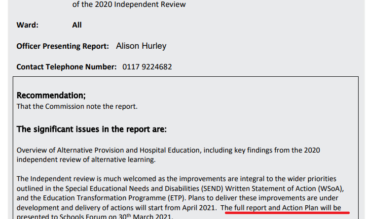 Bristol City Council Blocks Alternative Provision Report