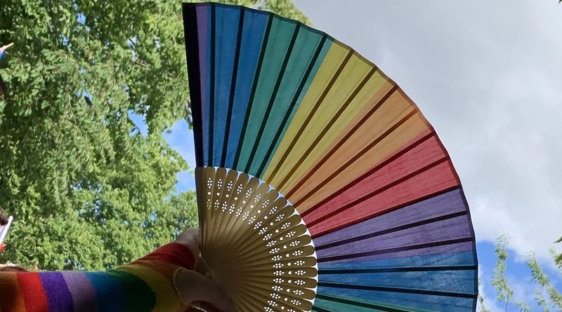 Bristol Pride took place this July. In this photo is a rainbow fan being held up to the blue sky with a tree in the background