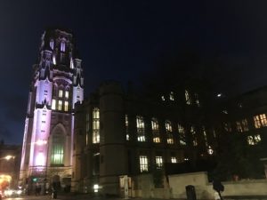 Bristol University Wills Memorial building lit up at night