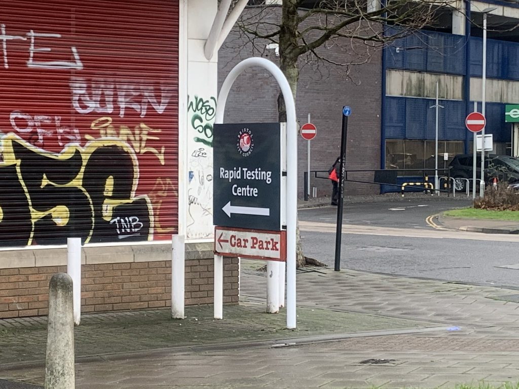 Surge Test Bristol. A sign for the surge test centre in St Jude's for coronavirus