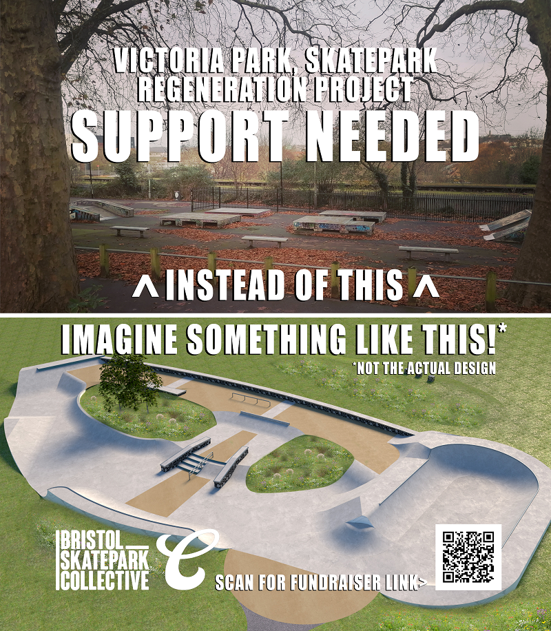 Two images of a Bristol Skatepark. The first shows dated and unusable equipment. The second shows state of the art Skating space