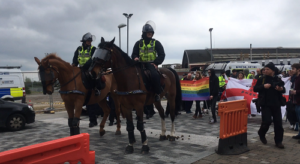 police horse craps at anti-islam protesters in Bristol
